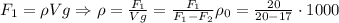 F_1=\rho Vg\Rightarrow \rho=\frac{F_1}{Vg}=\frac{F_1}{F_1-F_2}\rho_0=\frac{20}{20-17}\cdot1000