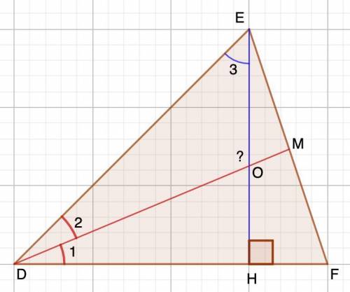В остроугольном треугольнике DEF EH – высота, DM – биссектриса, O – точка пересечения прямых EH и DM