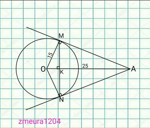 Дана окружность с центром в точке О радиуса 15 и точка А, расстояние от которой до точки О равно 25.