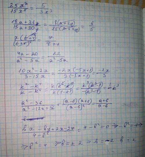 Сократите дроби: 25x^2/15x^5 18a+36y/15a+30y 7(t+4)^4/(t+4)^5 4a-20/a^2-5a 10x^2-2x/3-15x k^7-k^4/k-