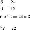 \displaystyle\frac{6}{3} =\frac{24}{12} 6*12=24*372=72