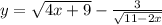 y=\sqrt{4x+9}-\frac{3}{\sqrt{11-2x} }