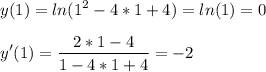 \displaystyle y(1) = ln(1^2-4*1+4) = ln(1) = 0y'(1) =\frac{2*1-4}{1-4*1+4} = -2