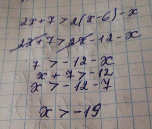 Решить уравнение2x+7>2(x-6)-x​