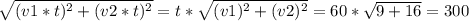 \sqrt{(v1*t)^{2} + (v2*t)^{2} } = t * \sqrt{(v1)^{2} + (v2)^{2} } = 60 * \sqrt{9 + 16} = 300