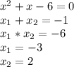 x^2+x-6=0\\x_{1}+x_{2}=-1\\x_{1}*x_{2}=-6\\x_{1}=-3\\x_{2}=2\\
