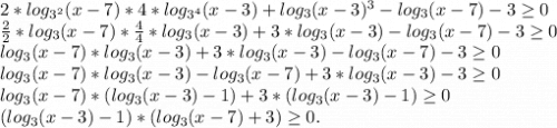 2*log_{3^2}(x-7)*4*log_{3^4}(x-3)+log_3(x-3)^3-log_3(x-7)-3\geq 0\\\frac{2}{2}*log_3(x-7)*\frac{4}{4} *log_3(x-3)+3*log_3(x-3)-log_3(x-7)-3\geq 0\\log_3(x-7)*log_3(x-3)+3*log_3(x-3)-log_3(x-7)-3\geq 0\\ log_3(x-7)*log_3(x-3)-log_3(x-7)+3*log_3(x-3)-3\geq 0\\log_3(x-7)*(log_3(x-3)-1)+3*(log_3(x-3)-1)\geq 0\\(log_3(x-3) -1)*(log_3(x-7)+3)\geq 0.