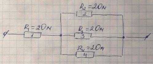 Знайти загальний опір ділянки, напругу й силу струму в кожному з резисторів. R = 2 Ом, U=36B