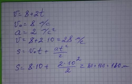 Решите задачу с дано и решением Уравнение скорости движения тела v = 8 + 2t (м/с). Укажите значение