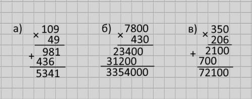 Найдите произведение чисел: а) 49 и 109; б) 430 и 7800; в) 350 и 206
