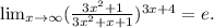 \lim_{x \to \infty}(\frac{3x^2+1}{3x^2+x+1})^{3x+4}=e.