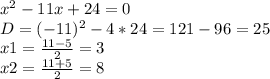 x^2-11x+24 = 0\\D= (-11)^2-4*24=121-96=25\\x1=\frac{11-5}{2} =3\\x2= \frac{11+5}{2} =8