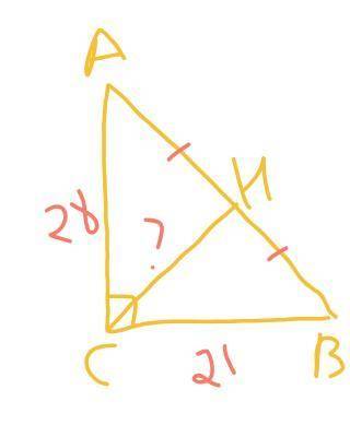 Катеты прямоугольного треугольника равны 21 см и 28 см. Определи длину медианы, проведённую к гипоте