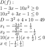 D(f): \\1-3x-10x^2\geq 0\\10x^2+3x-1\leq 0\\D=3^{2} +4*10=49\\x_1=\frac{-3+7}{20}=\frac{1}{5}\\x_2=\frac{-3-7}{20}=-\frac{1}{2}\\10(x-\frac{1}{5})(x+\frac{1}{2})\leq 0\\x\in[-\frac{1}{2};\frac{1}{5}]