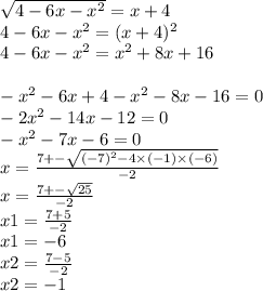\sqrt{4 - 6x - x {}^{2} } = x + 4 \\ 4 - 6x - x {}^{2} = (x + 4) {}^{2} \\ 4 - 6x - x {}^{2} = x {}^{2} + 8x + 16 \\ \\ - x {}^{2} - 6x + 4 - x {}^{2} - 8x - 16 = 0 \\ - 2x {}^{2} - 14x - 12 = 0 \\ - x {}^{2} - 7x - 6 = 0 \\ x = \frac{7 + - \sqrt{( - 7) {}^{2} - 4 \times ( - 1) \times ( - 6) } }{ - 2} \\ x = \frac{7 + - \sqrt{25} }{ - 2} \\ x1 = \frac{7 + 5}{ - 2} \\ x1 = - 6 \\ x2 = \frac{7 - 5}{ - 2} \\ x2 = - 1