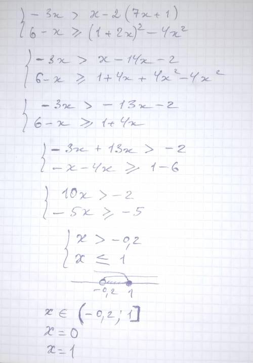Реши систему неравенств: {−3x>x−2(7x+1) {6−x≥(1+2x)2−4x2 Выбери ответ системы неравенств: x∈(−∞;1