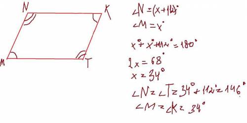 Чему равны углы параллелограмма MNKT если уголN-уголM=112