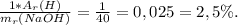 \frac{1*A_{r} (H)}{m_{r} (NaOH)} =\frac{1}{40} = 0,025 = 2,5 \%.