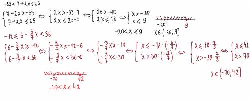 Розв'яжіть подвійну нерівність:1) - 33 < 7 + 2x ≤ 25 ;2) - 12 ≤ 6 - 3/7x < 36