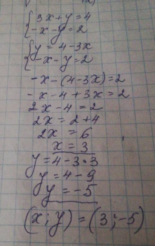 3x+y=4.-x-y=2 решить систему