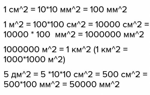 Вырази в указанных единицах измерения 10см²=[ ]мм² 1м²=[ ]см²=[ ]мм² 1.000.000м²=[ ]км² 5дм=[ ]см²=[