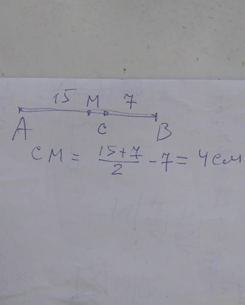 Точка C належить відрізку АВ. Чому дорівнює відстань між точкою С і серединою відрізка, якщо АС=15 с