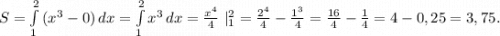 S=\int\limits^2_1 {(x^3-0)} \, dx= \int\limits^2_1 {x^3} \, dx=\frac{x^4}{4}\ |^2_1=\frac{2^4}{4}-\frac{1^3}{4} =\frac{16}{4}-\frac{1}{4}=4-0,25=3,75.