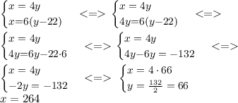 \small \begin{cases}x = 4y \\ x {=} 6(y {-} 22) \: \end{cases}{ } \: \begin{cases}x = 4y \\ 4y {= }6(y{ - }22) \: \end{cases}{ } \: \\ \small \begin{cases}x = 4y \\ 4y{ = }6y{ - }22{ \cdot }6 \: \end{cases}{ } \: \begin{cases}x = 4y \\ 4y{ - }6y= - 132 \: \end{cases}{ } \\ \small\begin{cases}x = 4y \\ - 2y= - 132 \: \end{cases}{ } \: \: \begin{cases}x = 4 \cdot66 \\ y = \tfrac{132}{2} = 66 \: \end{cases}\: \\ x = 264