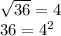 \sqrt{36} = 4 \\ 36 = {4}^{2}
