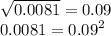 \sqrt{0.0081} = 0.09 \\ 0.0081 = {0.09}^{2}