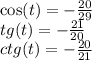 \cos(t) = - \frac{20}{29} \\ tg(t ) = - \frac{21}{20} \\ ctg(t) = - \frac{20}{21}