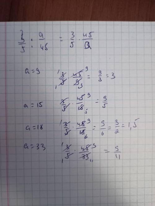 Знайдіть значення виразу 3/5 поділити на а/45 якщо 1) а=9 2) а=15 3)а=18 4) а