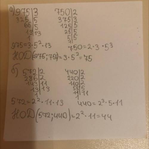 Найдите наибольший общий делитель чисел: a) 975 и 750 б) 572 и 440