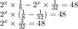 {2}^{x} \times \frac{1}{8} - {2}^{x} \times \frac{1}{32} = 48 \\ {2}^{x} \times ( \frac{1}{8} - \frac{1}{32} ) = 48 \\ {2}^{x} \times \frac{3}{32} = 48