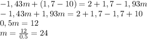 -1,43m+(1,7-10)=2+1,7-1,93m\\-1,43m+1,93m=2+1,7-1,7+10\\0,5m=12\\m=\frac{12}{0.5} =24