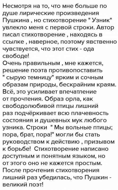 Впечатление (2-3предложения) об стихотворении «УЗНИК» Пушкин