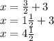 x = \frac{3}{2} + 3 \\ x = 1 \frac{1}{2} + 3 \\ x = 4 \frac{1}{2}