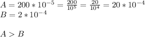 A = 200 * 10^{-5} = \frac{200}{10^{5} } = \frac{20}{10^{4} } = 20 * 10^{-4} \\B = 2*10^{-4} AB