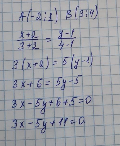 Складіть рівняння прямої яка проходить через точки А(-2;1) і В(3;4