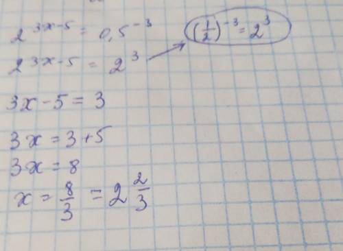 Решите , 2^(3х-5) = 0,5^(-3) ^ - степень