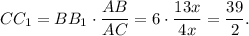 CC_1 = BB_1 \cdot \dfrac{AB}{AC} = 6 \cdot \dfrac{13x}{4x} = \dfrac{39}{2} .