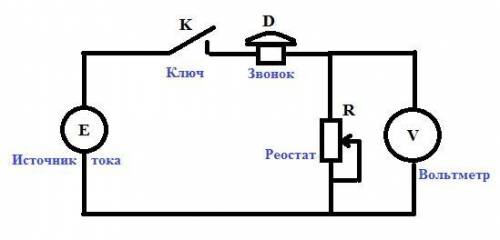 начертите схему цепи состоящую из источника тока ключа электрического звонка и резистора соедененых