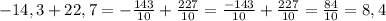 -14,3+22,7=-\frac{143}{10}+\frac{227}{10} = \frac{-143}{10} +\frac{227}{10} = \frac{84}{10} = 8,4