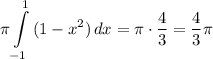 \pi \displaystyle \int\limits^1_{-1} {(1 - x^{2} )} \, dx = \pi \cdot\dfrac{4}{3} = \dfrac{4}{3}\pi