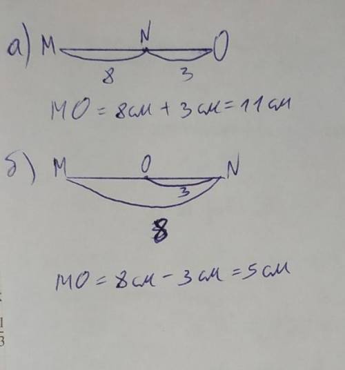 Задание 3 На прямой отложены отрезки MN=8см и NO=3см.Найдите длину отрезка МО ,если: а) точка Nлежит