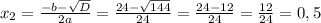x_2=\frac{-b-\sqrt{D}}{2a}=\frac{24-\sqrt{144}}{24}=\frac{24-12}{24}=\frac{12}{24}=0,5