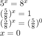 5^{x}=8^{x}\\(\frac{5}{8} )^{x}=1\\ (\frac{5}{8} )^{x}=(\frac{5}{8} )^{0}\\x=0