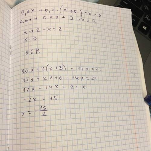 0,6x+0,4×(x+5)-x=210x+2(x+3)-14x=21