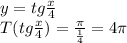 y = tg\frac{x}{4}\\T(tg\frac{x}{4}) = \frac{\pi}{\frac{1}{4}} = 4\pi