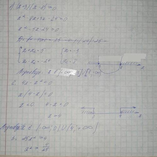 1) (x+3)(x-8) >(либо ровно)0 2) 4x - x^2 < 0 3) 25 x^2>(либо ровно)4 4) x^2 - 4x +3 <(ли